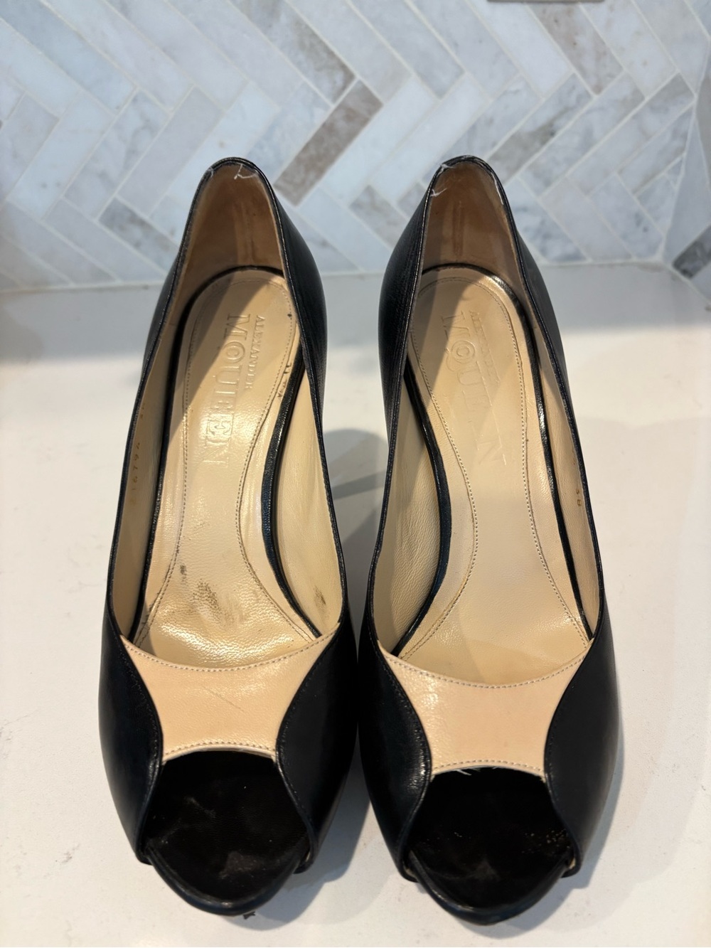 Alexander McQueen Black and Nude Peep-Toe Leather Pumps